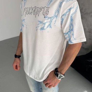 Erkek Bisiklet Yaka Yıldırım Baskılı  Kısa kol T-Shirt - Beyaz